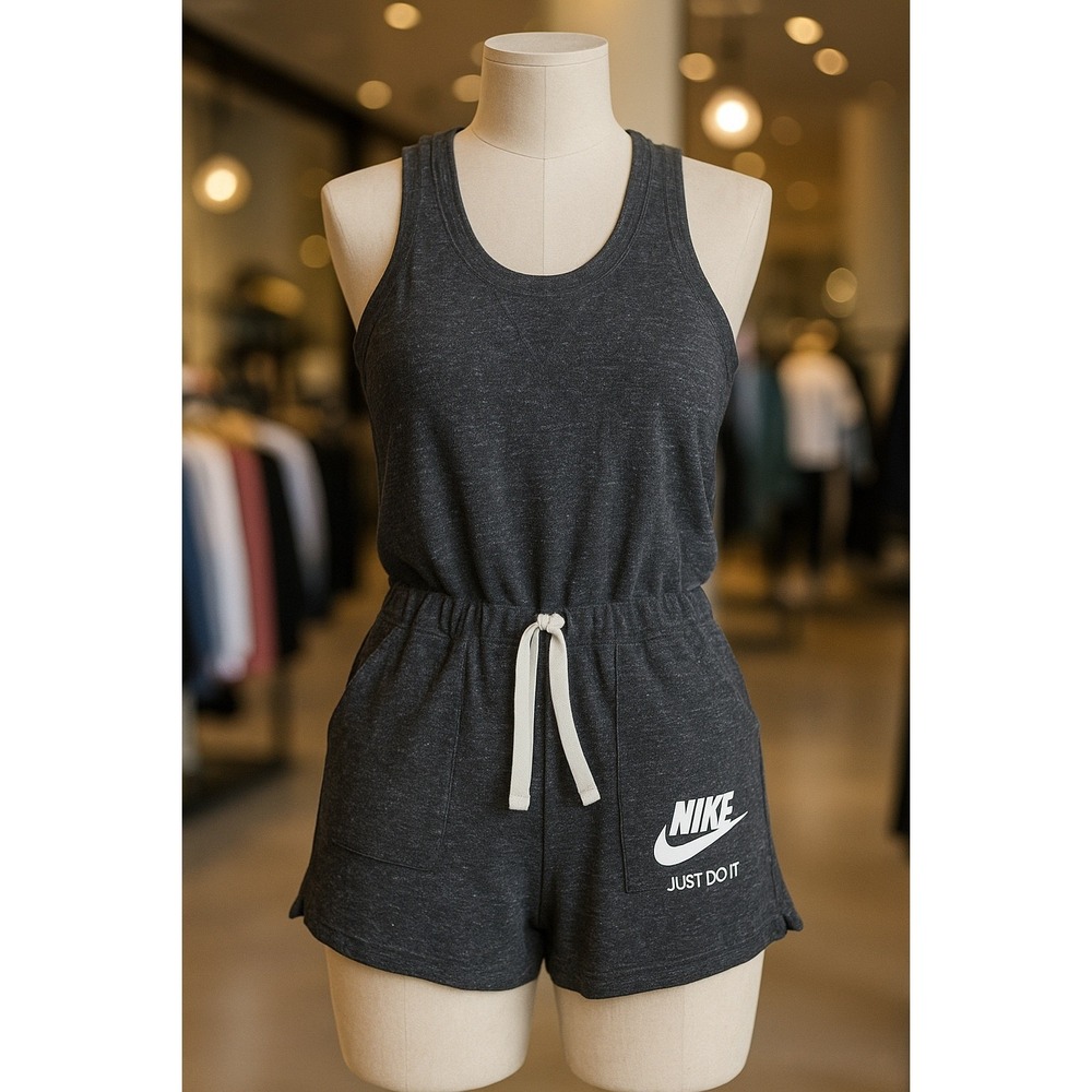 Nike Women's Gray Jersey Romper Jumpsuit Playsuit Tank‎ Top Logo Drawstring